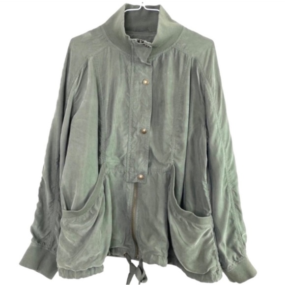 ANTHROPOLOGIE Marrakech Draped Tencel Lightweight Bomber Jacket Army Green Sz 1X - Picture 2 of 7